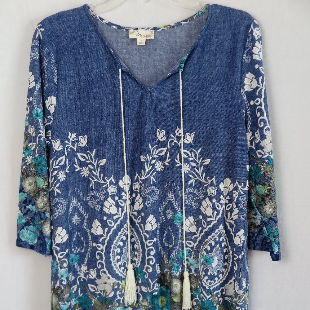 MISIA Blue White Embroidered Chambray Tie-Neck Peasant Tunic Size S